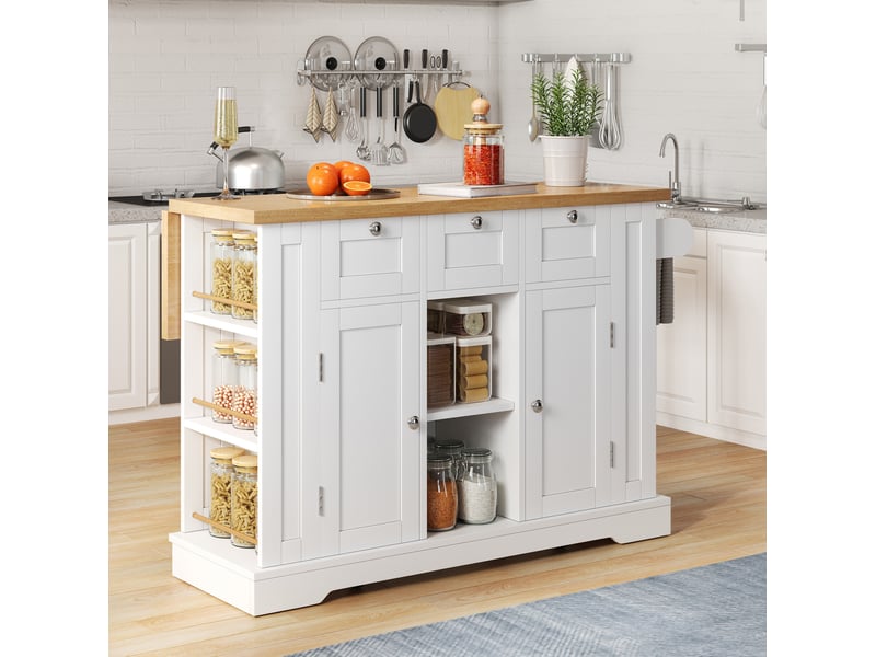 Desserte de cuisine mobile 132 cm, plateau rabattable, prises usb, blanc naturel - Conforama B