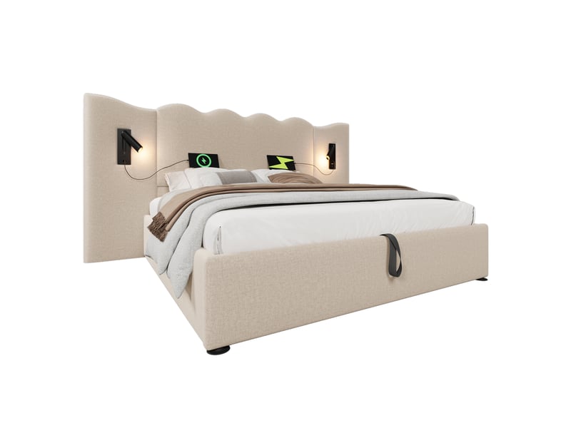  Lit coffre 160 × 200 cm 2 places avec lampe de lecture, usb et type-c, matelas inclus, en lin, beige  - Conforama A