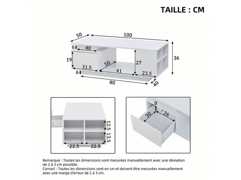 Table basse led blanche avec tiroir, finition brillante, rangements, 100 x 50 x 36 cm, blanc - Conforama E