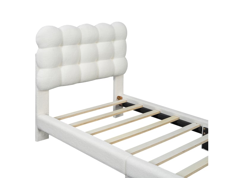  Lit simple rembourré 90x200cm avec tête de lit réglable, revêtement en tissu peluche blanc  - Conforama E