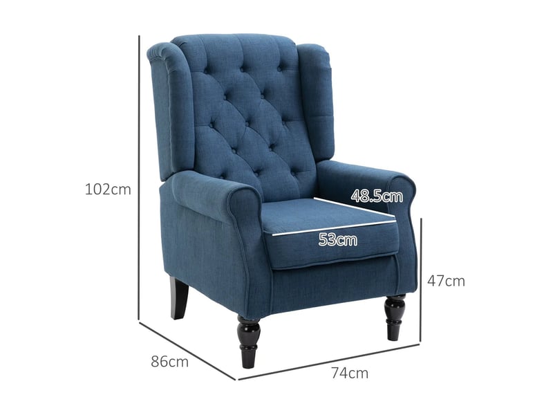  Fauteuil à oreilles rembourré avec dossier haut, accoudoirs arrondis et pieds en bois, en polyester bleu  - Conforama C