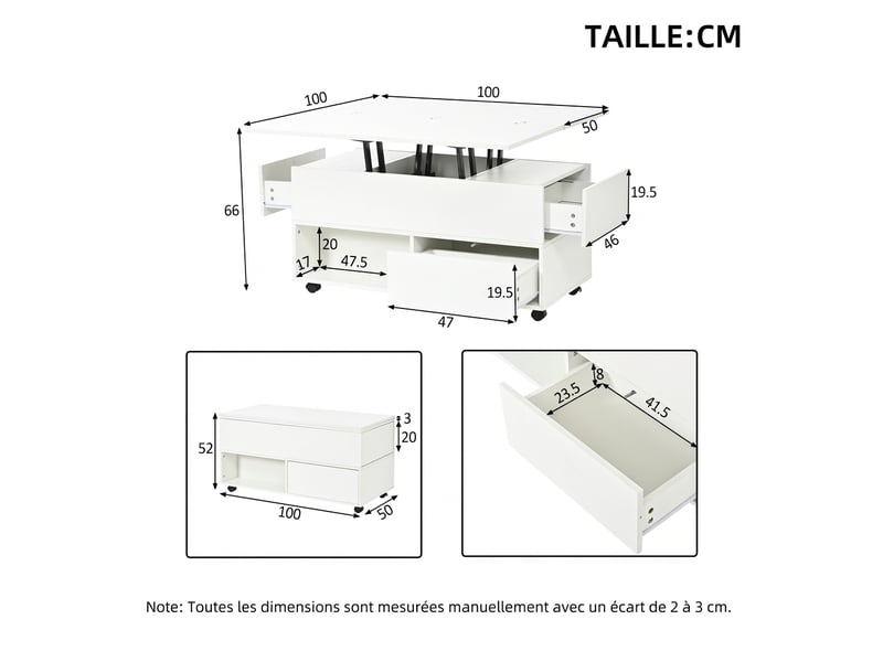  Table basse relevable blanche multifonction 100cm - 4 tiroirs, roulettes, rangement  - Conforama C