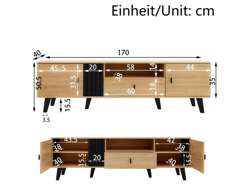  Meuble tv modenvie 170 x 40 x 50,5 cm 2 portes 1 tiroir noir et décor bois  - Conforama C