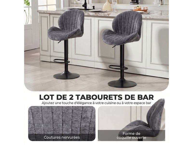  Lot de 2 tabourets de bar, hauteur réglable, pivotant 360°, dossier et repose-pieds, siège rembourré, gris  - Conforama A