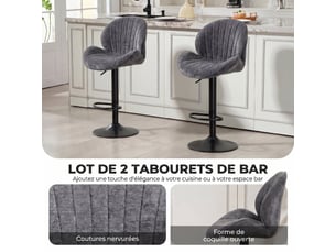 Lot de 2 tabourets de bar, hauteur réglable, pivotant 360°, dossier et repose-pieds, siège rembourré, gris