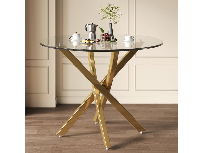  Table de salle à manger ronde avec plateau en verre trempé et piètement croisé doré, style moderne, 80 × 80 × 75 cm  - Conforama D