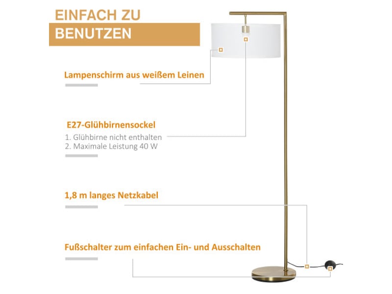 Lampadaire e27 en acier doré, abat-jour en lin blanc, 47 x 37 x 153 cm, pour salon, chambre et bureau - Conforama E