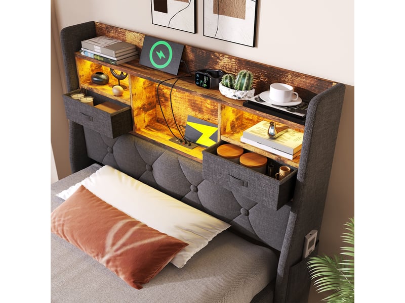 Lit coffre 90x200 avec matelas ressorts ensachés, led connectée app et stockage sous cadre - Conforama D
