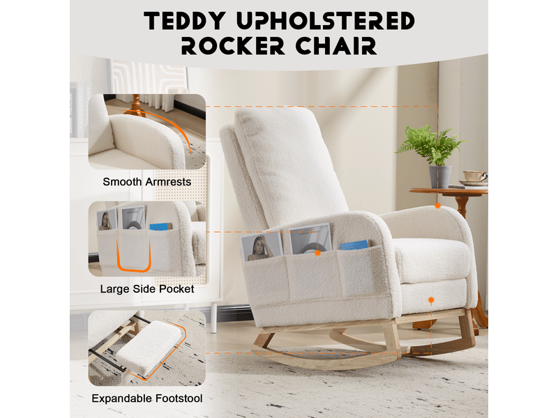  Fauteuil à bascule ergonomique en polaire douce et confortable, avec dossier haut, base en bois incurvée, blanc, réf. T6011p603666  - Conforama D