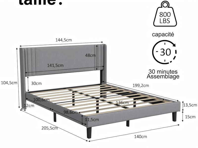  Lit coffre 160x200cm - lit 2 places - avec led - velours - beige, sommier à lattes (matelas non inclus)  - Conforama C
