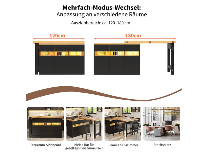 Ilot cuisine, buffet de cuisine avec rangements intégrés, plateau extensible, pivotant à 360°, dimensions 120 à 180 x 40 x 71,5 cm, mdf, noir - Conforama E