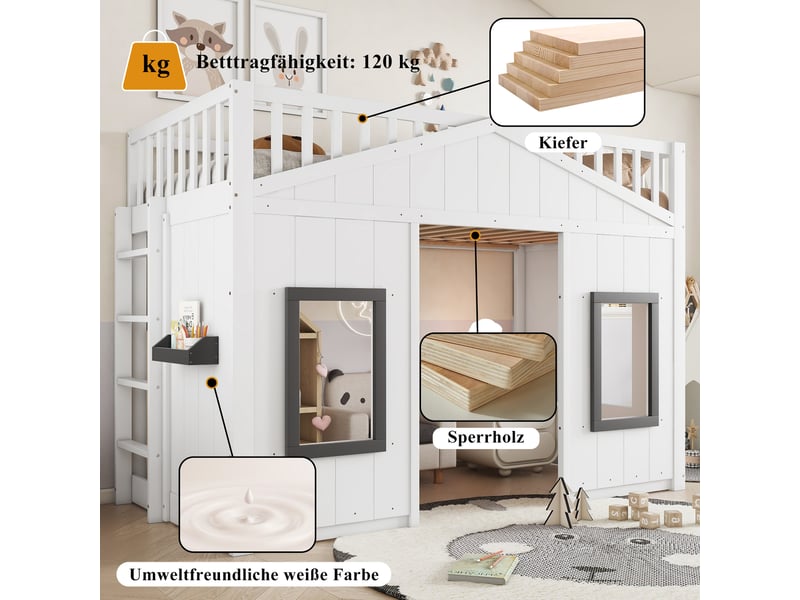  Lit cabane blanc 90x200 cm en pin et mdf, échelle à 4 marches, fenêtres, étagère et espace inférieur libre sans sommier  - Conforama D