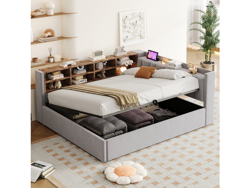  Lit rembourré 140 x 200 cm avec rangement hydraulique, éclairage de nuit et ports usbusb-c gris clair  - Conforama B