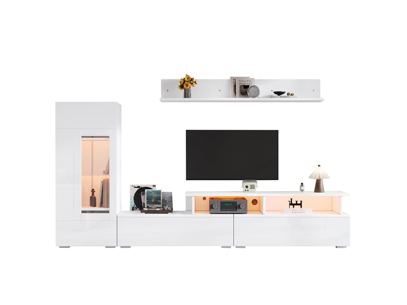  Meuble tv mural avec vitrine et étagère, 3 portes, éclairage led et rangement pour salon aux façades blanches brillantes  - Conforama A