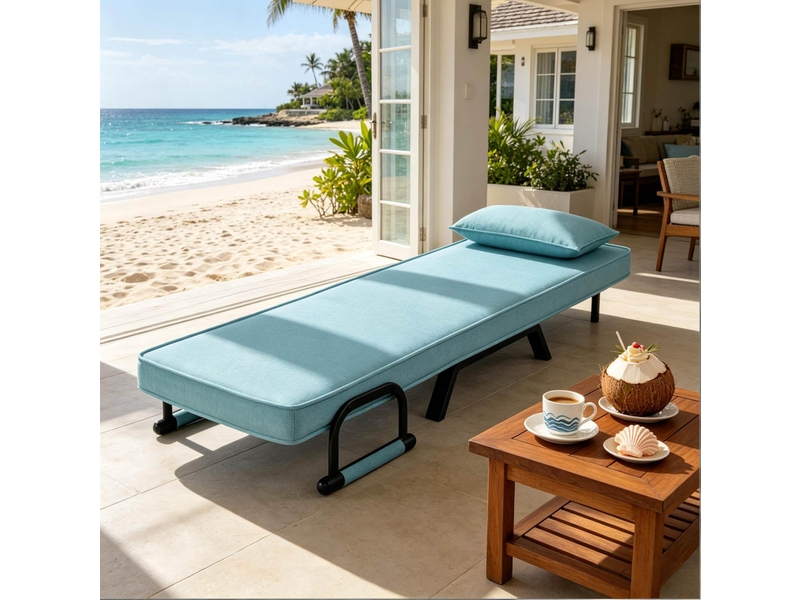  Fauteuil convertible 3 en 1 à dossier réglable sur 5 positions avec coussin amovible, en lin bleu, mousse et métal  - Conforama E