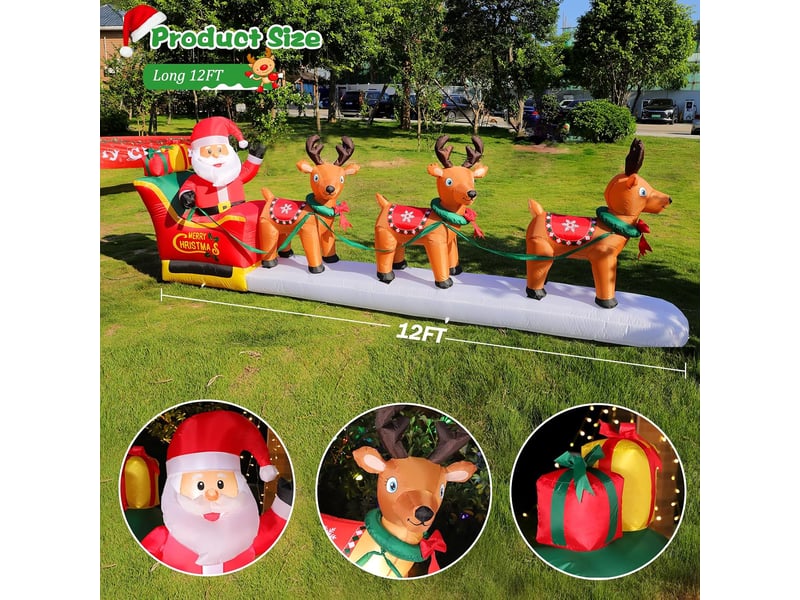  Père noël gonflable 3,7 m avec traîneau et 3 rennes, led, grande décoration de noël pour jardin  - Conforama D