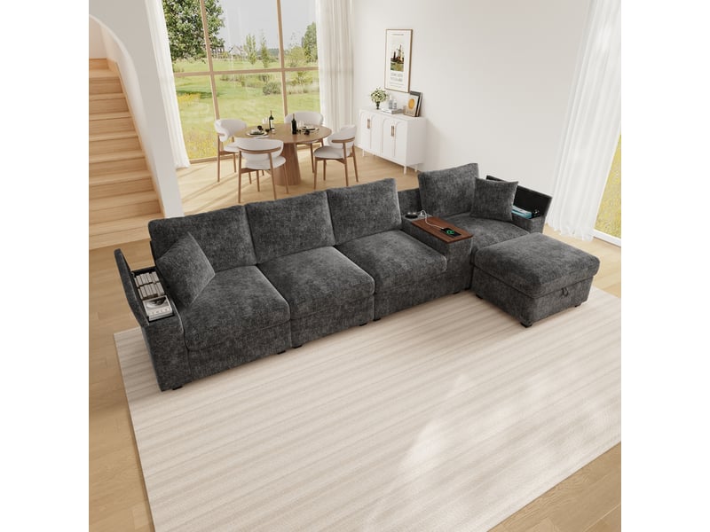 Canapé modulable 5 places canapé d'angle gris en chenille avec pouf de rangement et ports usb - Conforama E