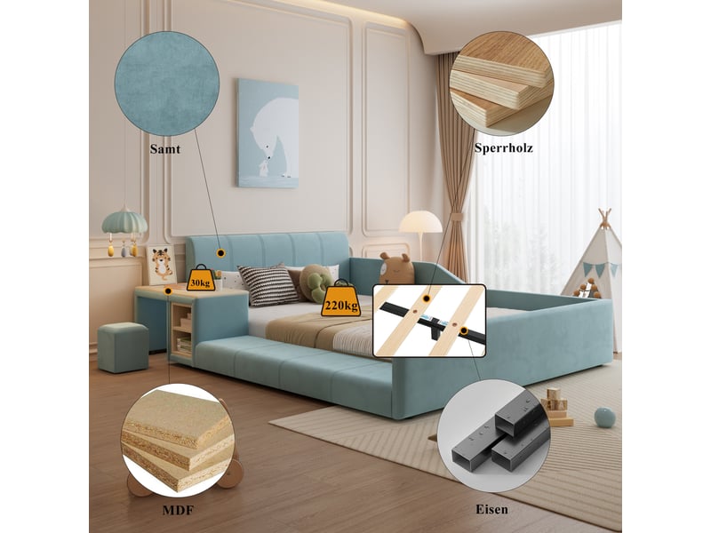  Lit enfant rembourré avec bureau, tabouret et tablette, bleu, 140 × 200 cm  - Conforama D