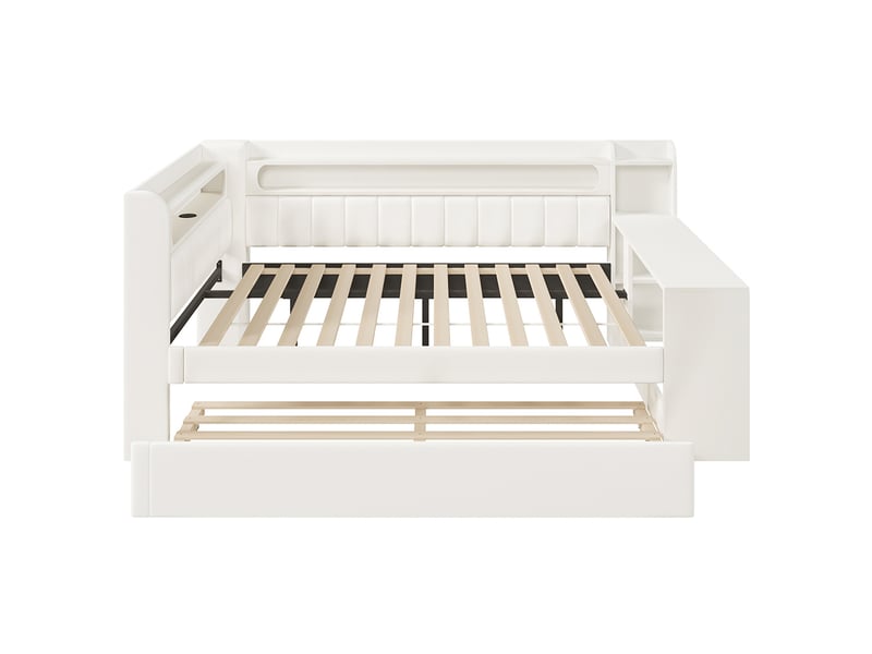  Canapé-lit rembourré 140 x 200 cm avec port usb et bande led, avec lit gigogne et bureau, tissu lin, blanc  - Conforama D