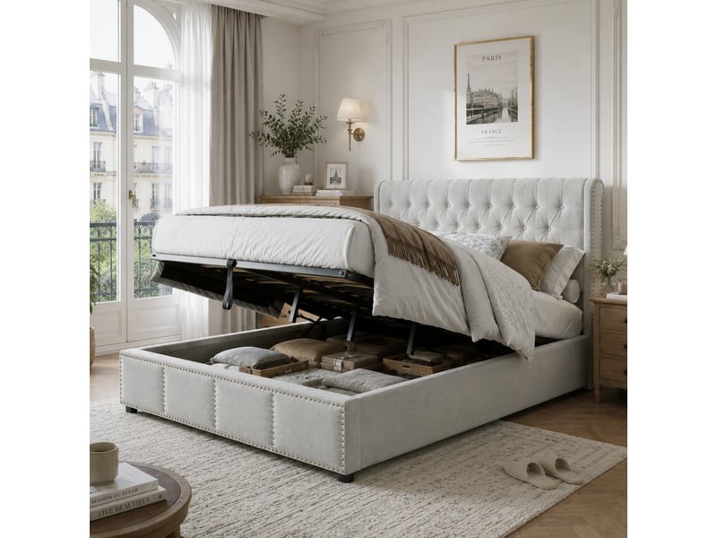  Lit double rembourré 140x200 cm avec sommier à lattes, cadre de lit adulte avec tête de lit en coton et lin,lit adulte, gris  - Conforama A