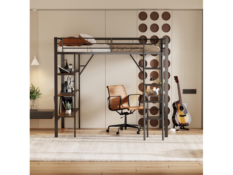 Lit mezzanine 90x200 cm en métal avec bureau et 3 étagères, noir, dès 6 ans - Conforama D
