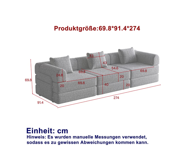  Canapé modulable 274x91,4x69,8cm, accoudoir avec rangement, canapé de salon, structure en métal, tissu chenille, kaki  - Conforama C