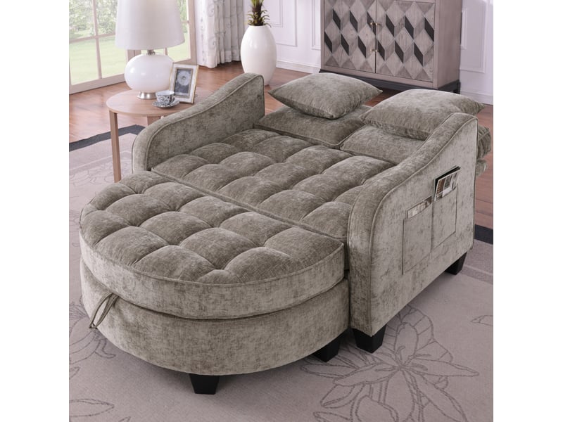 Canapé 1 place convertible 2-en-1 139,5x129,5x93 cm, pouf de rangement intégré, cadre en eucalyptus, chenille marron - Conforama B