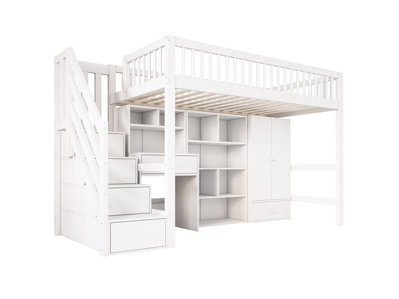 Lit mezzanine avec bureau 90x200 cm lit enfant bois massif avec armoire et escalier blanc  - Conforama E
