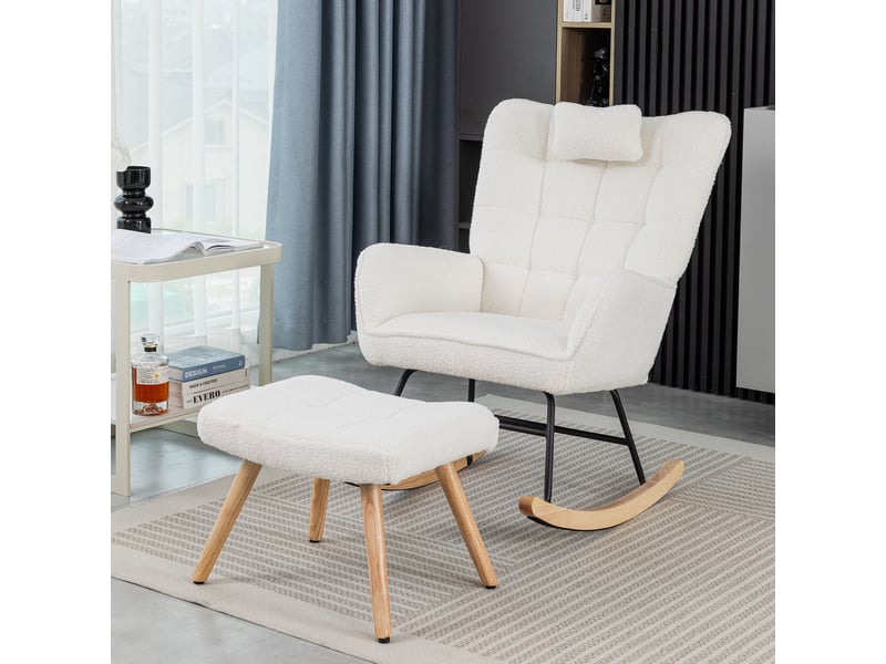  Fauteuil à bascule blanc ergonomique avec coussin tête et repose-pieds, cadre bois d'hévéa, charge 250 lbs, hauteur 92 cm, assise 67 cm  - Conforama B
