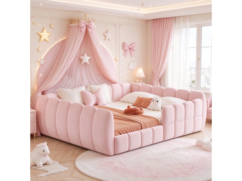 Lit au sol montessori enfant 140x200 cm, lit double en velours rose, cadre rembourré enveloppant, coins arrondis, sommier à lattes, faible hauteur - Conforama B