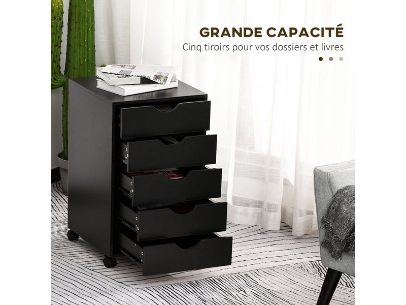 Caisson bureau mobile, meuble rangement bureau sur roulettes, 40 x 40 x 67 cm, 5 tiroirs, noir  - Conforama A