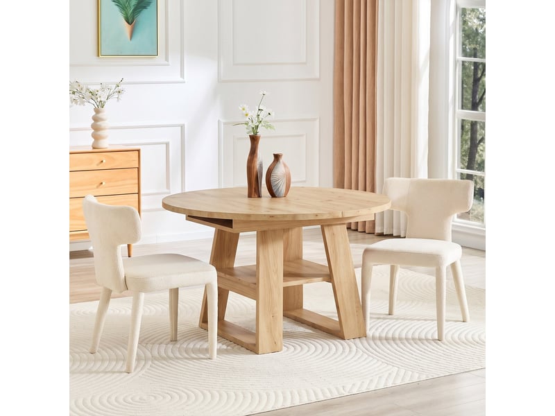  Ensemble table et 4 chaises salle à manger, table ronde extensible 110150x110 cm chêne avec rangement, chaises tissu dossier t piétement métal  - Conforama D