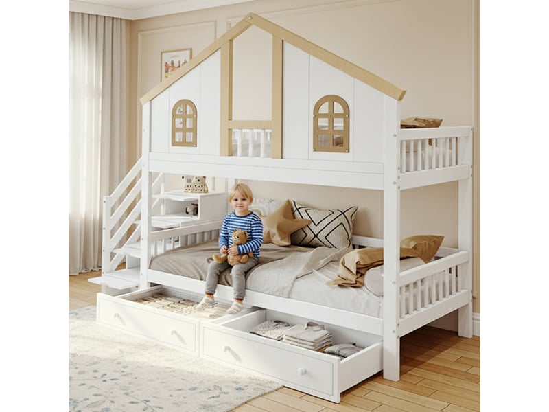  Lit superposé enfant 90x200cm en bois massif et mdf blanc naturel avec fenêtres, 2 tiroirs et échelle  - Conforama E