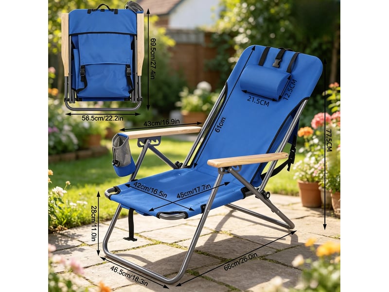  Fauteuil de jardin pliant bleu en tissu oxford, dossier réglable sur 4 positions et appuie-tête, supporte 150 kg  - Conforama C