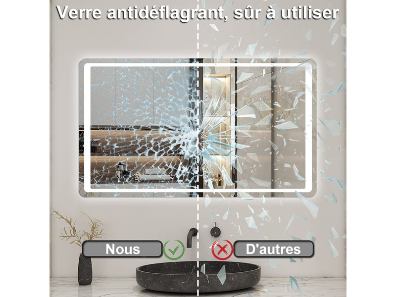  Aica miroir de salle de bain led tri-couleur antibuée, 120x70cm, mémoire, arrêt auto 1h  - Conforama E