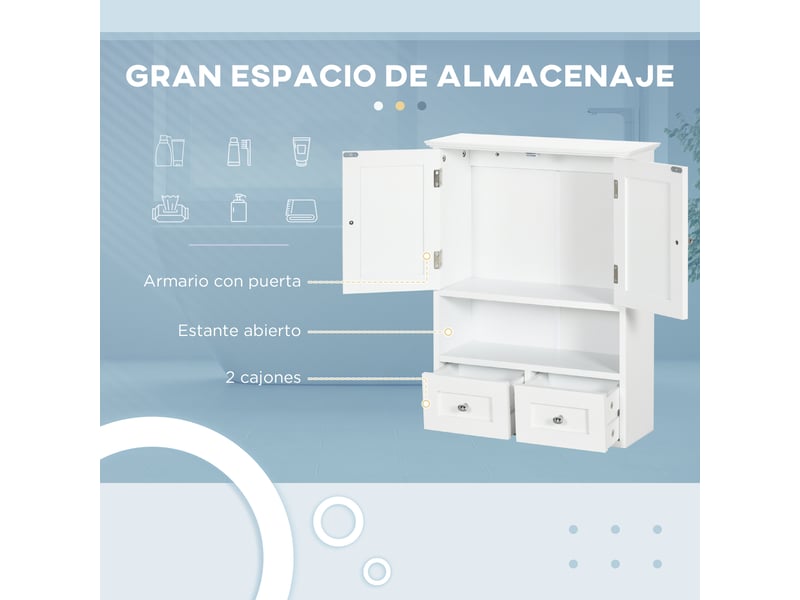  Armoire murale salle de bain blanche, 2 portes, 2 tiroirs et étagère, 50,8 x 17,8 x 66 cm  - Conforama R