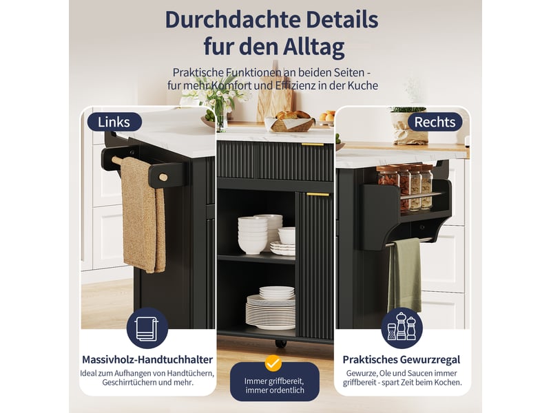  Îlot de cuisine mobile noir et bois naturel en mdf, plateau rabattable, 2 tiroirs et 2 portes, range-épices, 120 × 45 cm  - Conforama E
