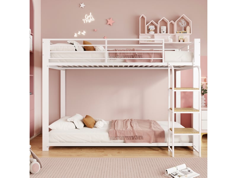 Lit superposé enfant 90x200 cm, pour chambre enfant, avec échelle intégrée, métal et mdf, blanc et noyer, sans matelas  - Conforama D