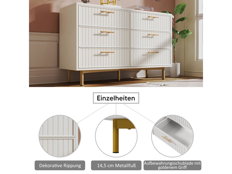  Buffet blanc 120x75x40 cm avec 6 tiroirs surface portante 45kg hauteur réglable meuble de rangement moderne pour salon  - Conforama D
