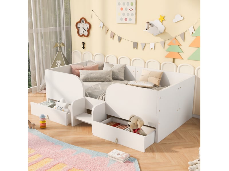  Lit enfant 90 × 200 cm 1 place avec 2 tiroirs, barrières et marche de sécurité, sans matelas, en mdf blanc  - Conforama C