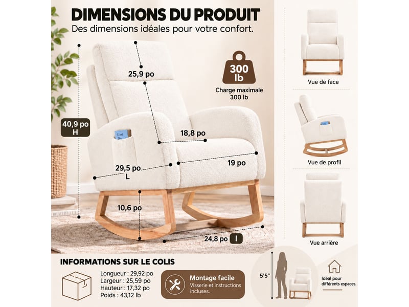  Fauteuil à bascule pour chambre de bébé, tissu teddy, mousse haute densité, cadre bois stable, poche latérale,75*63*104cm,blanc  - Conforama B