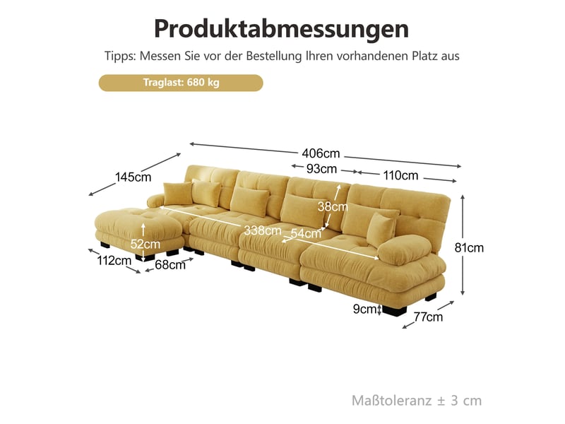 Canapé d'angle modulaire 4 places jaune en chenille avec pouf mobile - Conforama E