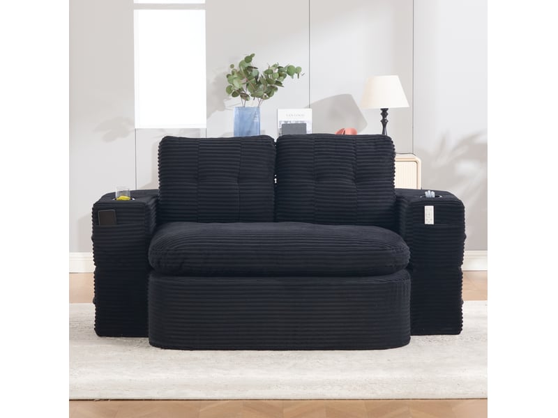 Canapé modenvie 2 places convertible en position allongée, velours côtelé noir, assise profonde, dossier haut, porte-gobelets, 165 x 97 x 61 cm - Conforama B