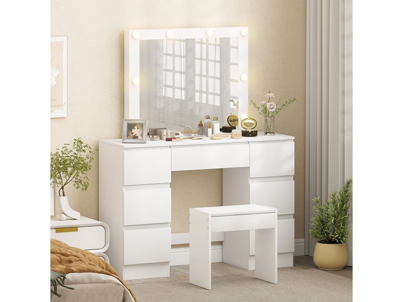  Coiffeuse style hollywood avec miroir, 8 lumières led, 7 tiroirs et tabouret rembourré, blanche  - Conforama D