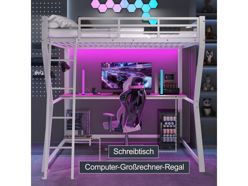  Lit mezzanine 200×140 cm avec bureau, éclairage led, prises et ports usb, sans matelas, en métal et mdf blanc  - Conforama E
