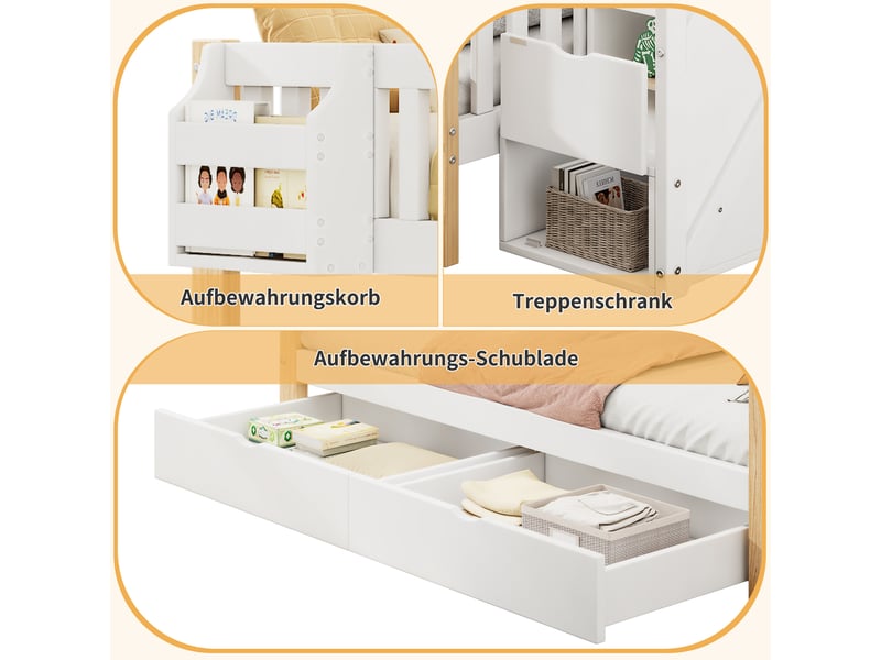  Lit superposé enfant, lit double multifonction avec escalier et rangements, lit enfant blanc et naturel, 90x200 et 140x200 cm.  - Conforama D