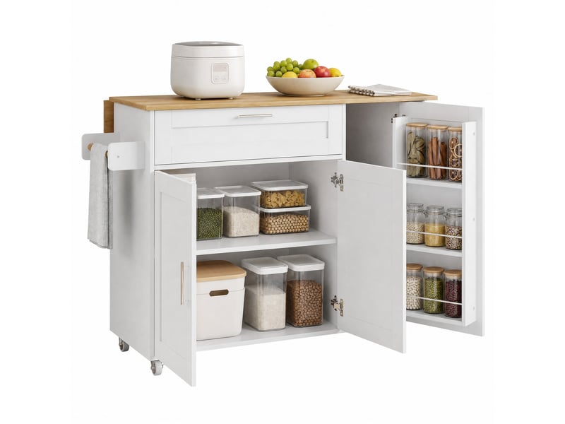  Desserte de cuisine 132,5 x 44 x 90 cm blanc et naturel en mdf, plateau rabattable, 5 roulettes dont 2 freinées  - Conforama A