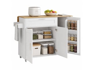 Desserte de cuisine 132,5 x 44 x 90 cm blanc et naturel en mdf, plateau rabattable, 5 roulettes dont 2 freinées