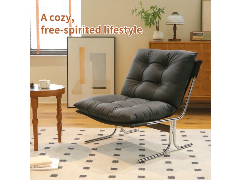  Fauteuil d'accent 72.2x84.1x84.6cm – lounge chair style barcelona sans accoudoirs avec coussin amovible – cuir - noir  - Conforama B