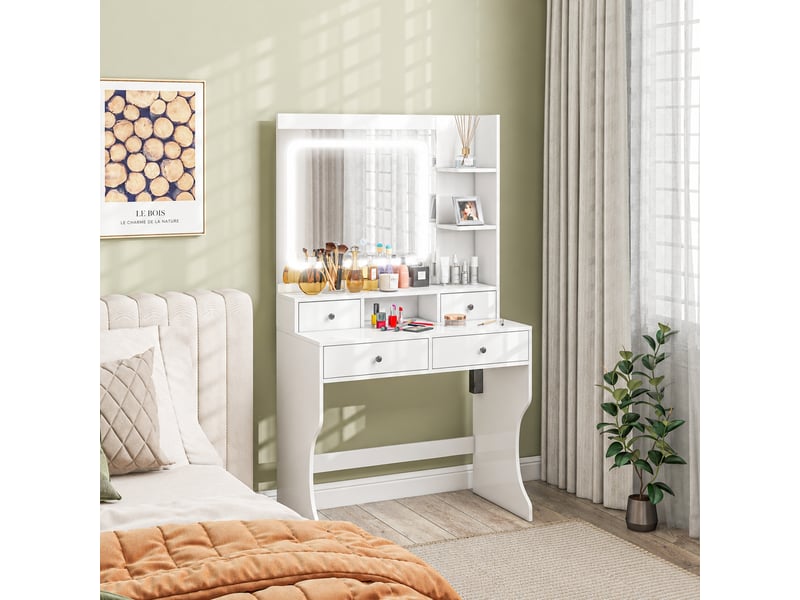 Coiffeuse blanche avec miroir led 3 teintes, 4 tiroirs, 4 étagères, 2 prises et 2 ports usb, 90 x 45 x 160 cm  - Conforama B